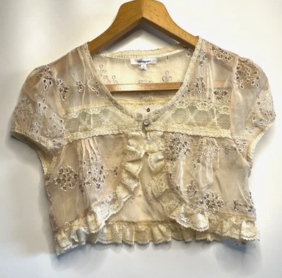 Valleygirl Bolero Woven Jacket Women Size 10 Beige Sheer Lace Beaded New NWT Top - Image 1 of 4
