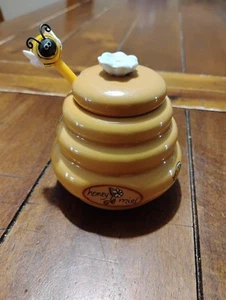 Beehive HONEY MIEL Jar Pot Honey Container, Ceramic with Bumble Bee Dipper - Picture 1 of 12