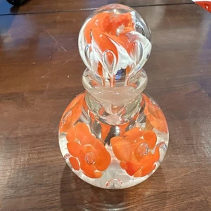 St. Clair Perfume Bottle Paperweight Coral Flowers Glass Controlled Bubbles - Picture 1 of 7
