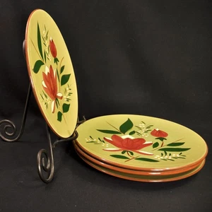 Stangl Magnolia 4 Dinner Plates Maroon Green Yellow Engobe 1953-1960 HandPainted - Picture 1 of 14