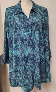 Catherines Blue Green Paisley Floral Button Front Shirt Size 2X  22/24W - Picture 1 of 5