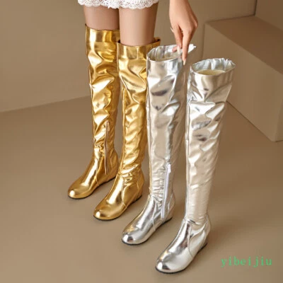 女式过膝高筒靴中坡跟打褶皮鞋性能 — 第 1/4 张图片