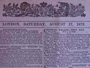 1872 THE LONDON TIMES Saturday 17th August 1872 Antique Victorian Newspaper - Picture 1 of 8