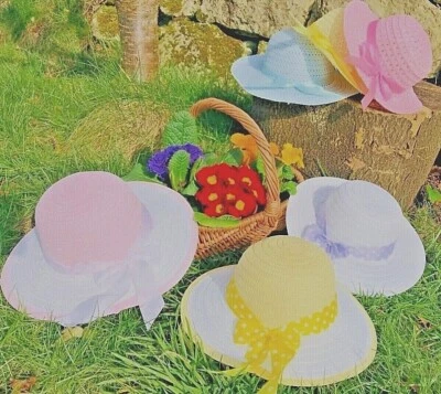 HAPPYKIDSBOUTIQUE Straw Hat Floppy Sun Hat Summer School Holiday Beach Hat Pink Lemon White Ribbon