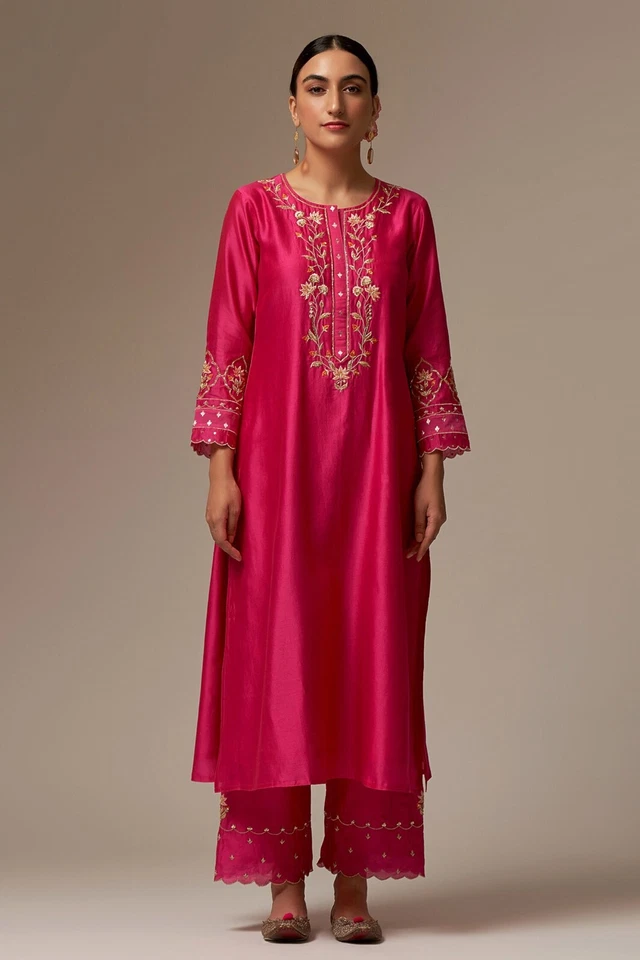 Juego Kurta Base Chanderi Rosa Magenta Bordada Foto 1 de 3