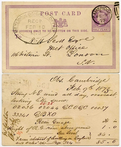 GB STATIONERY QV 1873 METEOROLOGICAL OFFICE OVAL HANDSTAMP CAMBRIDGE Cover
