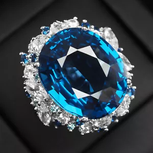 Sparkling London Blue Topaz 21.80Ct 925 Sterling Silver Handmade Rings Size 6.75 - Picture 1 of 8