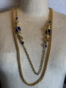 Vintage Gold Tone Long Double Strand Necklace Blue Bauble Beads Open Bezel - Picture 1 of 6