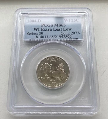 2004-D WISCONSIN EXTRA LOW LEAF STATEHOOD 25c ERROR PCGS MS 65 - Image 1 of 2