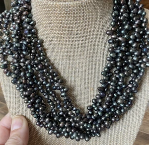 New Genuine Sea Grey Pearl Trasad 9 Layer Necklace Sterling Clasp   - Picture 1 of 7