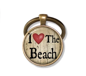 Beach Lovers Nautical - Handmade ROUND Glass Pendant Keychain KEY RING - Picture 1 of 7