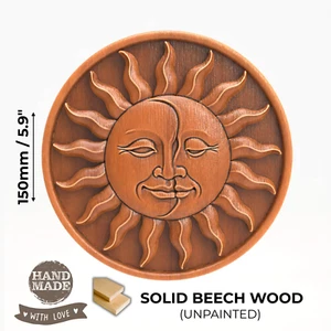 Sun and Moon Wood Carving Round Wall Plaque Solid Beech Handmade Ornament 6" - Picture 1 of 6