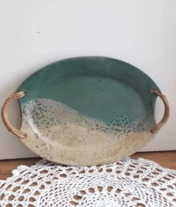 Vintage Wellman & Welsch Two Tone Ceramic Platter with Bamboo Handles - Picture 1 of 8