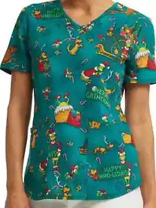 DR. SEUSS CHRISTMAS 🎄 GRINCH MERRY MAX GREEN VNECK SCRUB TOP WITH POCKETS 🆕 - Picture 1 of 5