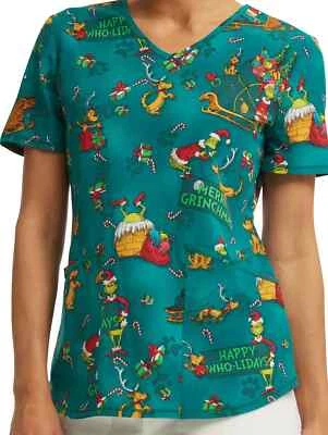 DR. SEUSS CHRISTMAS 🎄 GRINCH MERRY MAX GREEN VNECK SCRUB TOP WITH POCKETS 🆕 - Image 1 of 4