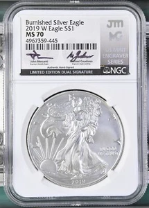 W Eagle 2019 bruñido Silver Eagle S$1 MS70 Lmtd doble firma Mercanti Gaudio - Imagen 1 de 3