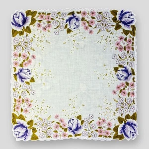 Handkerchief Vintage Floral Hanky Purple Roses Scalloped Edges Women's Accessory - Picture 1 of 4