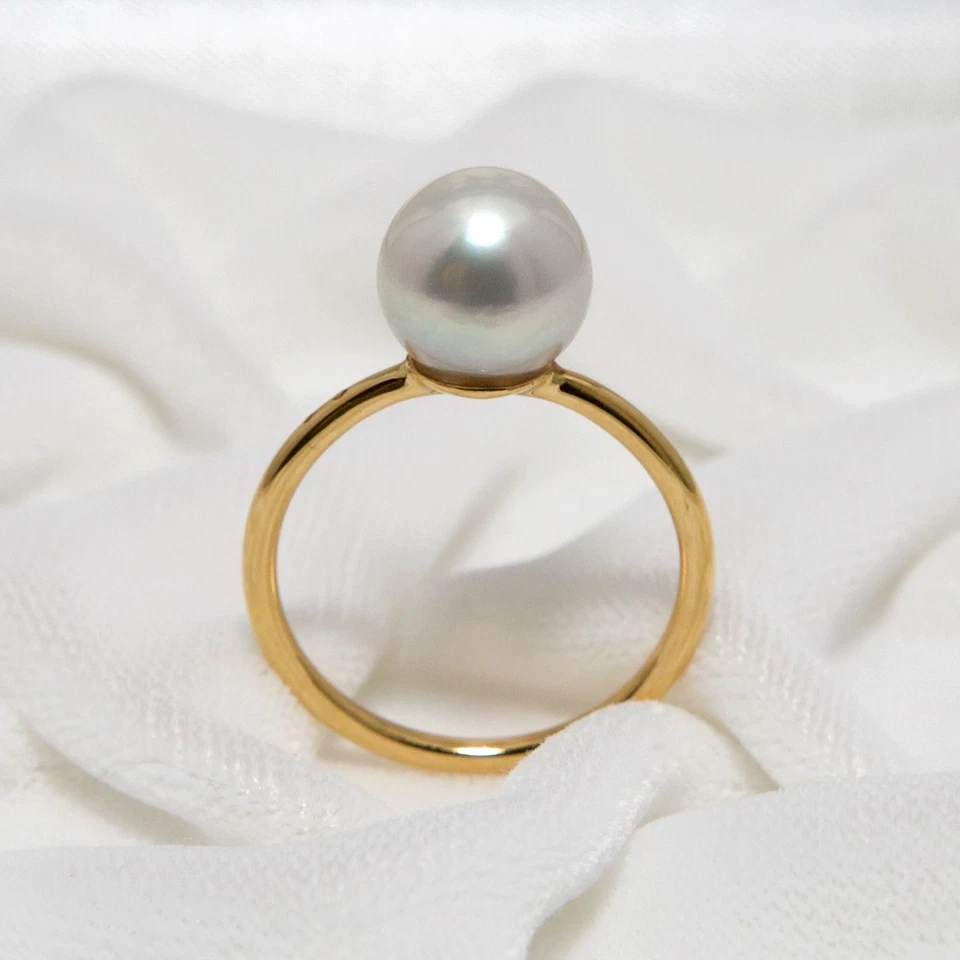 Anillo redondo de perlas Akoya japonesas plateadas-azul de 8,9 mm de oro amarillo sólido de 18 quilates, 6,0# Foto 1 de 4