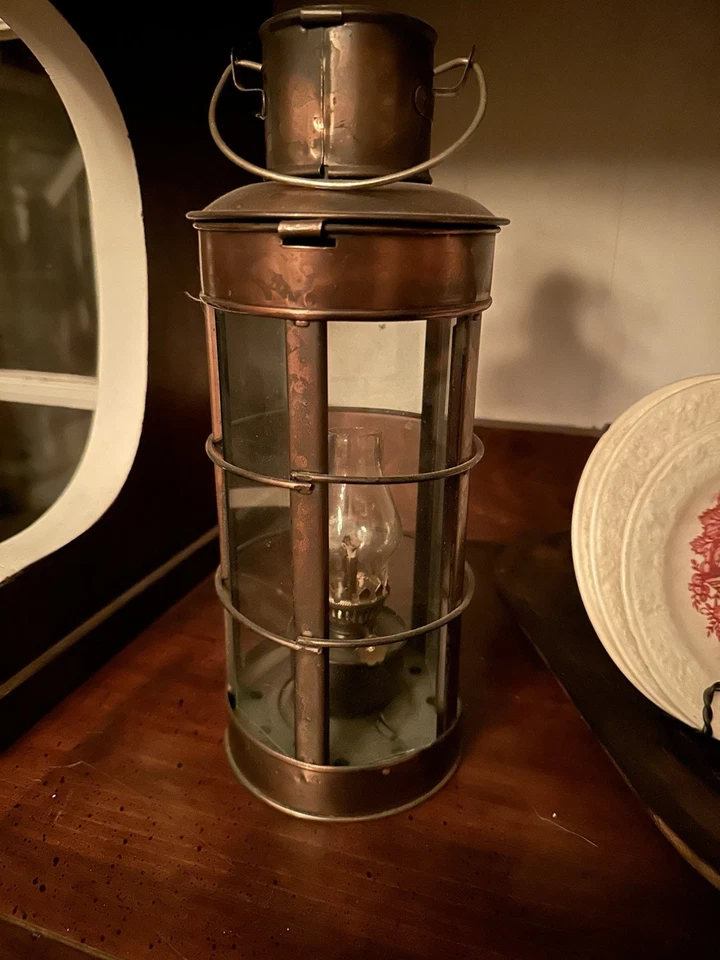Vtg Copper Lantern 5 Sided Glass Bale Kerosene Oil Lamp Nautical  Maritime 11.5" - Image 1 of 1