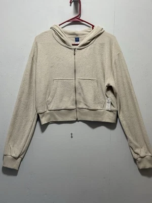 Moletom com capuz feminino Old Navy cropped tamanho M bege tecido felpudo zíper completo novo - Imagem 1 de 4
