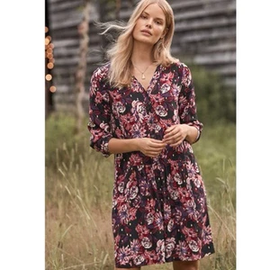 Garnet Hill Dropwaist Button Up Dress Roses burgundy gold sz 14 Boho Chic Fall - Picture 1 of 11