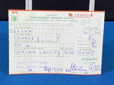1970 Ontario Canada Nonresident VTG Fishing Angling License Lt#26 - Image 1 of 2