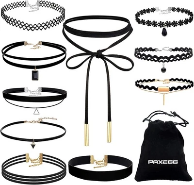 PAXCOO 10 PIEZAS Collares Gargantilla Terciopelo Negro con Bolsa Stroage para Mujer  Foto 1 de 4