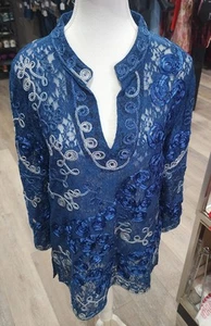 Women's Lauren Michelle Navy Blue Embroidered Sheer Lace Shirt Blouse Size XL - Picture 1 of 10