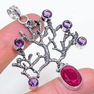 Ruby(Simulated), Amethyst Gemstone 925 Sterling Silver Pendant 2.56" k988 - Picture 1 of 2