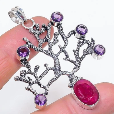 Ruby(Simulated), Amethyst Gemstone 925 Sterling Silver Pendant 2.56" k988 - Image 1 of 2