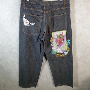 Vintage Ed Hardy Baggy Y2K Embroidered Jeans Mens W40 L32 Grey Hip Hop Pattern - Picture 1 of 8