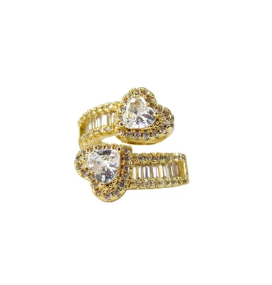 Anillos dos corazones rellenos de oro amarillo de 18 quilates talla 8 con baguette circonita semi ajustable Foto 1 de 4