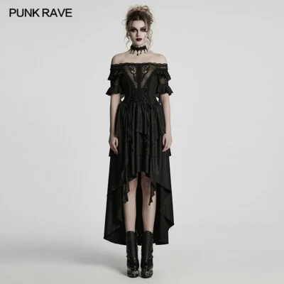 Punk Rave Women Black Sexy Goth Lace Applique Off-Shoulder High-Low Party Dress - Image 1 of 4