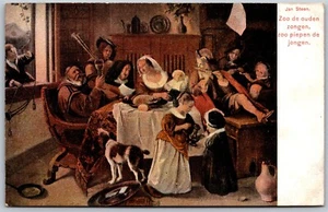 Vtg Art Jan Steen Happy Family As The Old Sing So Shall Young Pipe Postcard - Picture 1 of 2