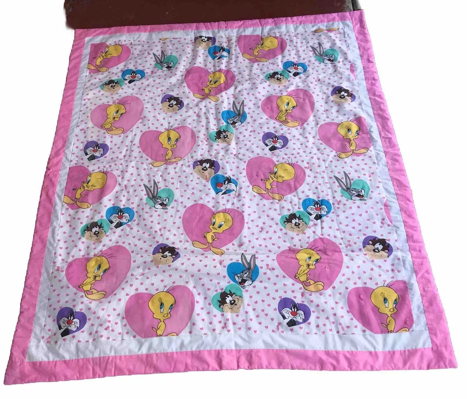 复古 1994 年 LOONEY TUNES 华纳兄弟 Blanket Tweety Taz Bugs粉色被子 — 第 1/4 张图片