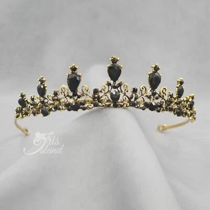 Cristal Negro Princesa Tiara Corona Boda Novia Fiesta Concurso 295 Antiguo Oro - Imagen 1 de 8