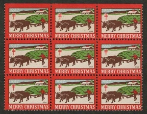 1947 WX135 Getting a Load of Trees Block of 9 US Christmas Seals/Stamps MNH - Picture 1 of 2