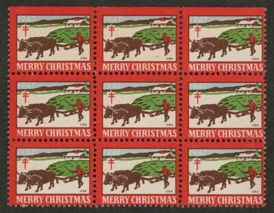 1947 WX135 Getting a Load of Trees Block of 9 US Christmas Seals/Stamps MNH - Image 1 of 2