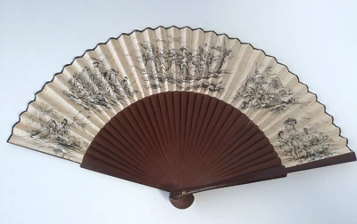 Spain Hand Folding Fan Vintage Signed Pedro Martin Madrid Linen 5 Scenes 9 Inch - Image 1 of 4