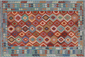 Alfombra de lana reversible tejida plana Kilim 6' 8"" X 9' 10"" - Q17647 - Imagen 1 de 8