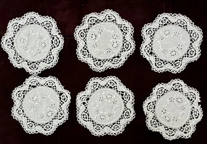 Set of 6 Vintage Embroidered Doilies Cocktail Rounds with Lace Edging A237 - Picture 1 of 8