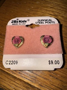 28s Kids Surgical Steel Posts Gold Heart Pink Rose Earrings New - Picture 1 of 5