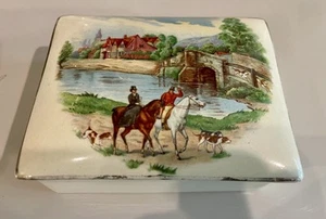 Antique Trinket Box Porcelain Fox Hunt Horses Hounds Empire England Hand Painted - Picture 1 of 12