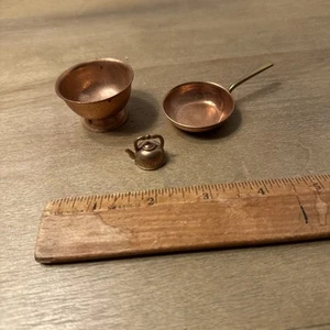 Vintage Puppenhaus 3 Teile Kupfer Messing Miniatur Geschirr Teekanne - Bild 1 von 8