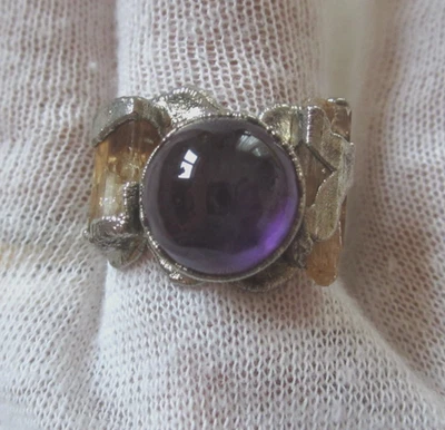 MID-20TH C. BRUTALIST/MODERNIST AMETHYST, CITRINE & STERLING SILVER RING SZ 11.5 - Image 1 of 4