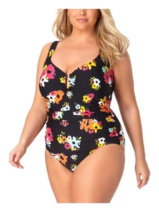 ANNE COLE Women's Black Adjustable Island Bloom One Piece Swimsuit 24W - Picture 1 of 6
