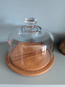 Vintage Glass Cheese Dome & Wooden Base Board Solid Heavy Glass 18.5cm - Picture 1 of 8