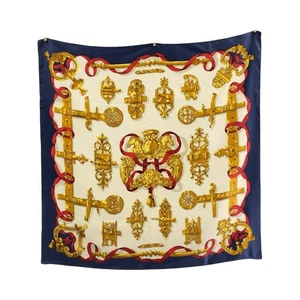 HERMES Ferronnuri Ironwork He 90 Schal großer Schal blau gold weiß Seide - Bild 1 von 5