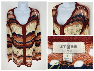 Umgee NWT Striped Crochet Open Knit Cardigan Sweater Size Large Boho Hippie - Image 1 of 4