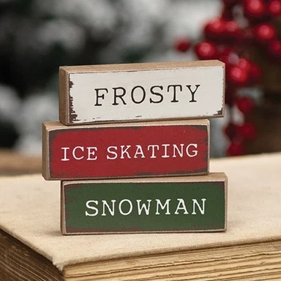 New PRIMITIVE CHRISTMAS SIGNS FROSTY SNOWMAN ICE SKATING Block 3pcs 3"Wx1"H Wood - Image 1 of 2